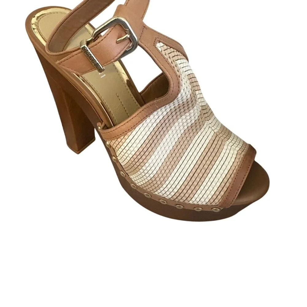 Gianni Bini Platform Heels Ankle Strap Peep‎ Toe Woven Tan Brown